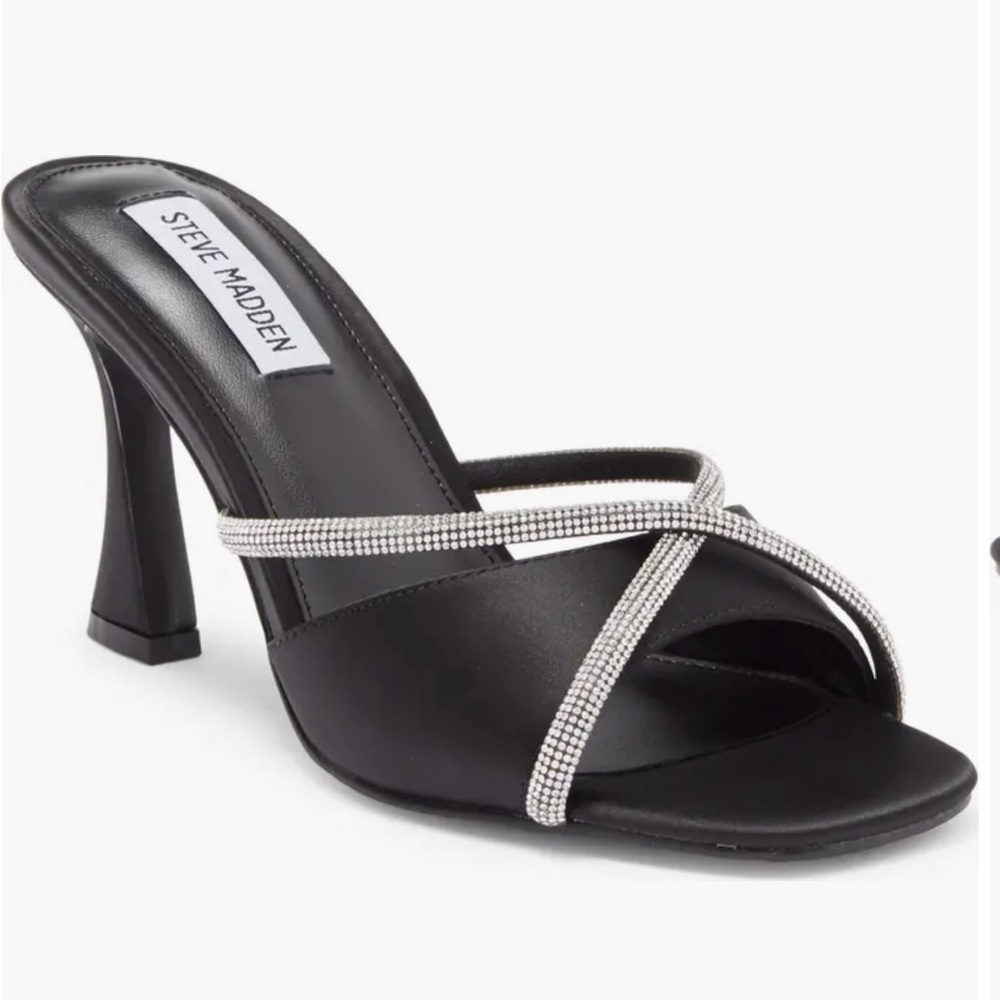 Black satin Steve Madden heels with silver details